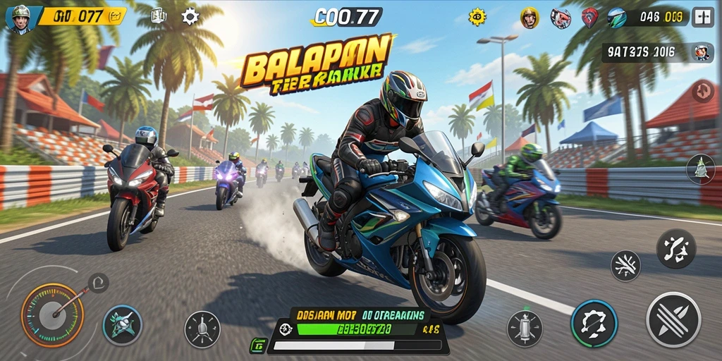 Screenshot menunjukkan gameplay balapan motor yang mendebarkan.