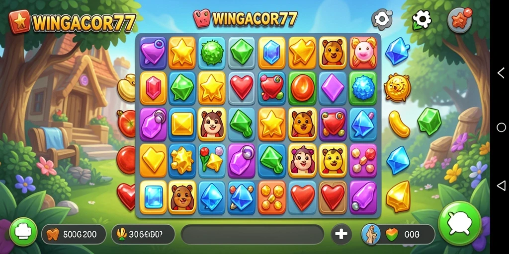 Tampilan gameplay WINGACOR77 dengan elemen-elemen Match-3 yang cerah.